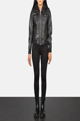 women's black lambskin leather biker jacket hooded biker silhouette exclusive 3