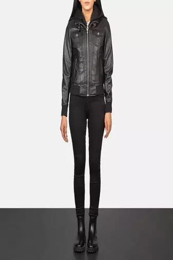 women's black lambskin leather biker jacket hooded biker silhouette exclusive