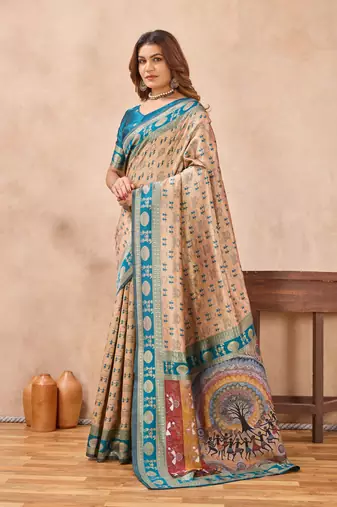 Beige silk blend banarasi saree with unstitched blouse piece