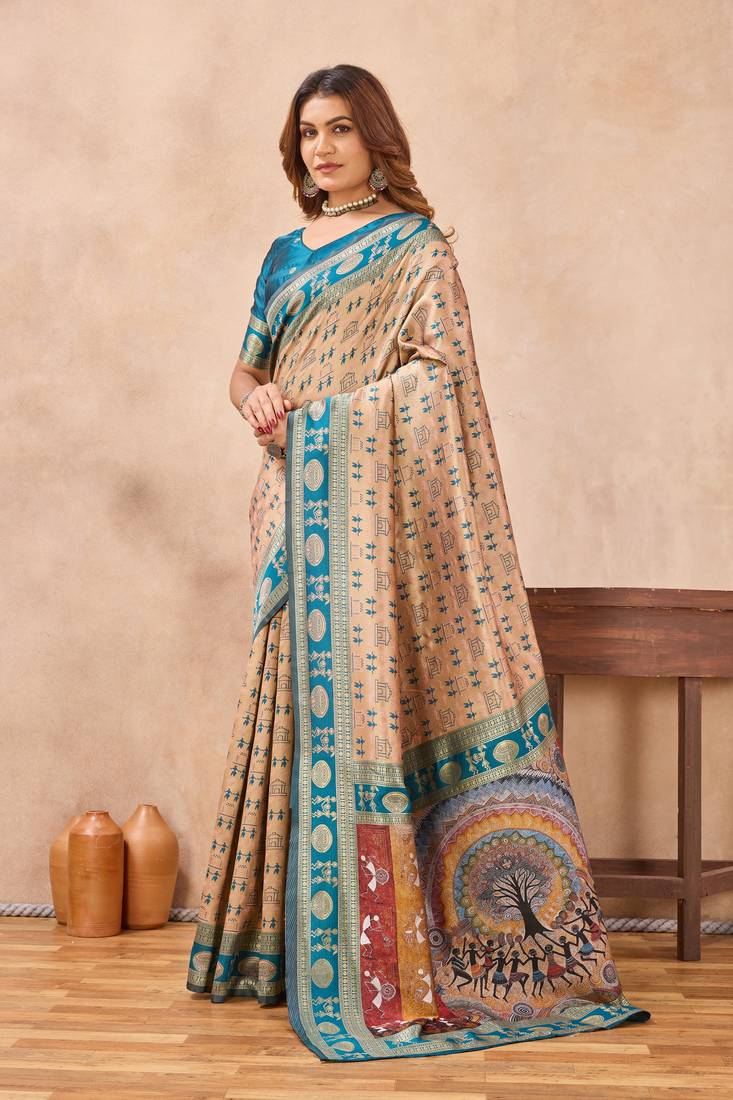 Beige silk blend banarasi saree with unstitched blouse piece