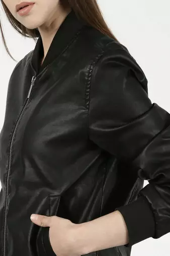 women's black lambskin leather bomber jacket ribbed cuffs and waist classic
