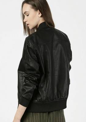 women's black lambskin leather bomber jacket ribbed cuffs and waist classic 3