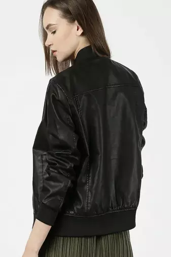 women's black lambskin leather bomber jacket ribbed cuffs and waist classic