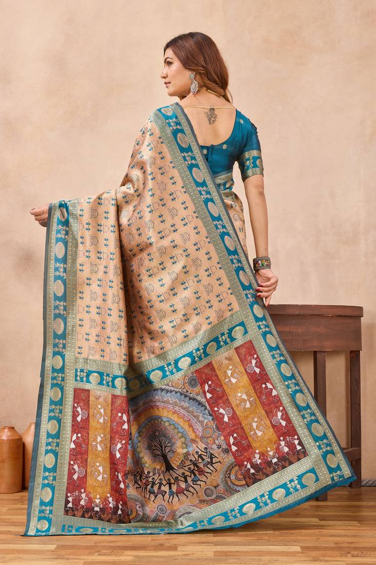 Beige silk blend banarasi saree with unstitched blouse piece