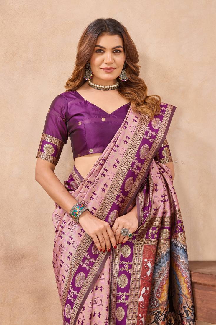 Light pink soft silk blend banarasi jacuard work designer party wear saree with unstitched blouse piece
