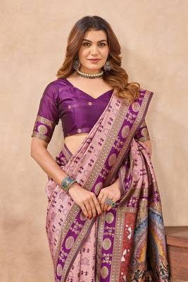 Light pink silk blend banarasi saree with unstitched blouse piece 1