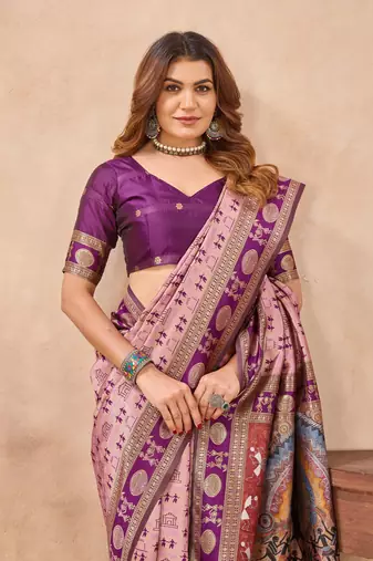 Light pink silk blend banarasi saree with unstitched blouse piece