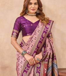 Light pink silk blend banarasi saree with unstitched blouse piece