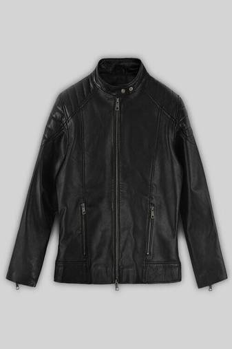 women's black lambskin cafe racer jacket band collar racer style exclusive