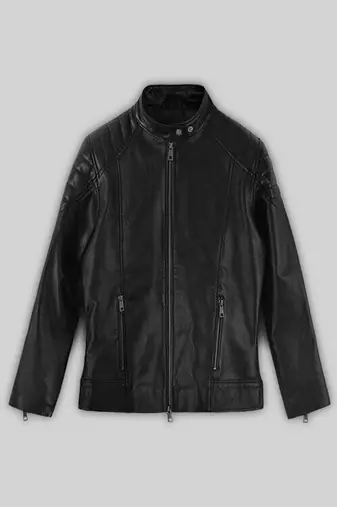 women's black lambskin cafe racer jacket band collar racer style exclusive