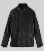 Women’s black lambskin leather jacket- zipper detail café racer biker stylish look