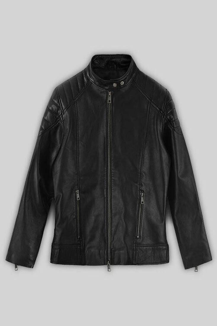 Women’s black lambskin leather jacket- zipper detail café racer biker stylish look