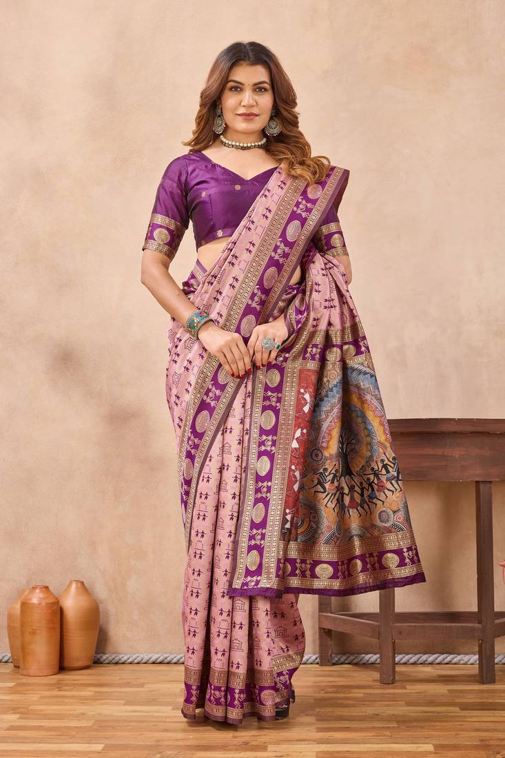 Light pink silk blend banarasi saree with unstitched blouse piece