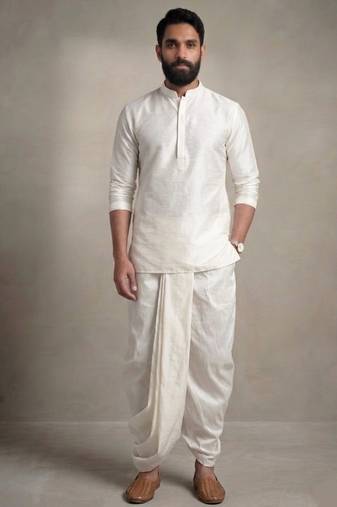 White embroidered dupion silk kurta dhoti