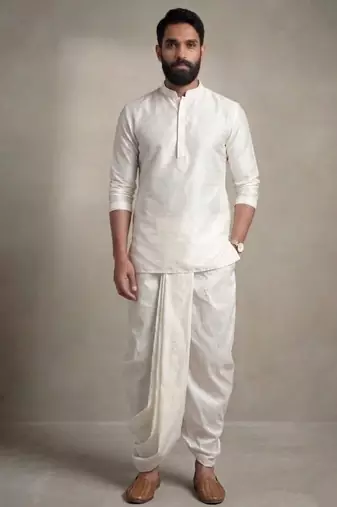 White embroidered dupion silk kurta dhoti