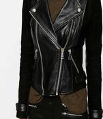 Women’s black soft  lambskin leather jacket- zipper detail & waist belt biker