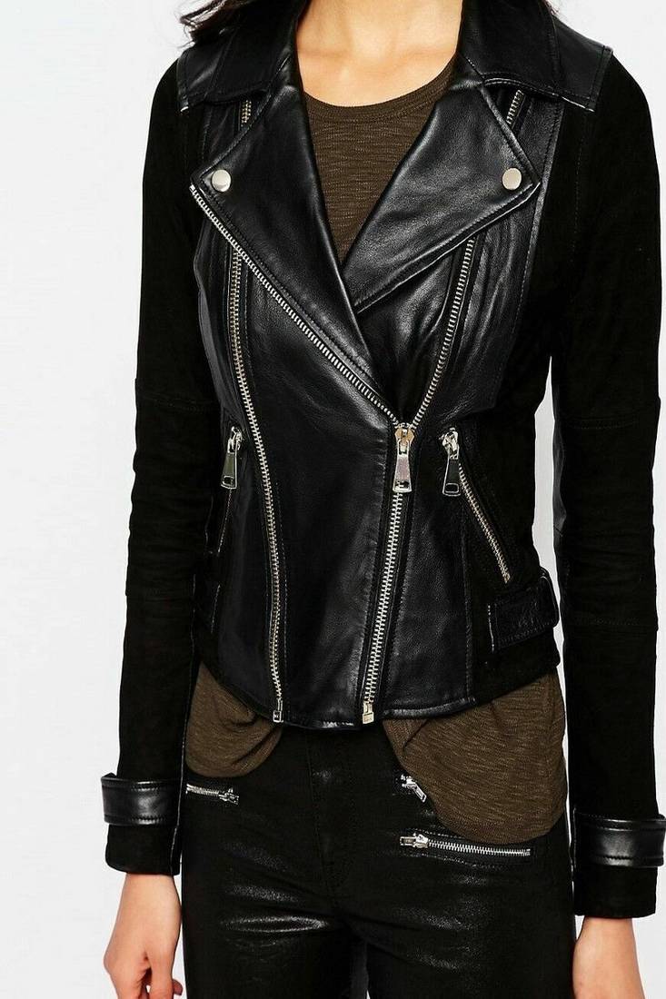 Women’s black soft  lambskin leather jacket- zipper detail & waist belt biker
