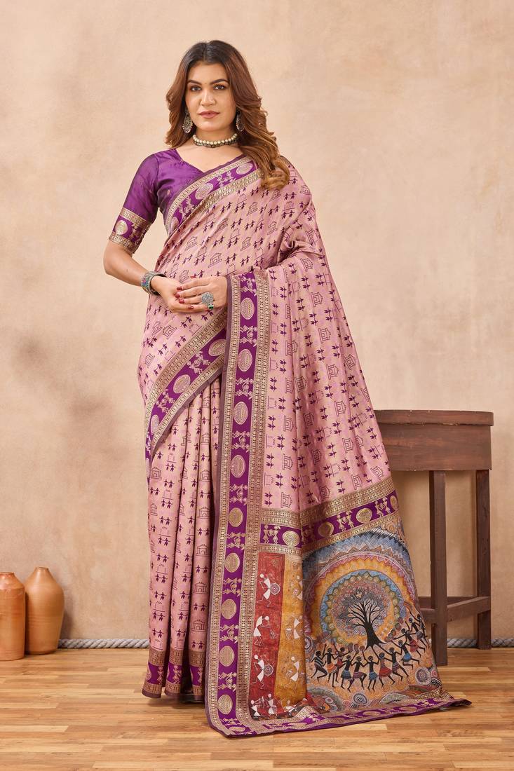 Light pink silk blend banarasi saree with unstitched blouse piece