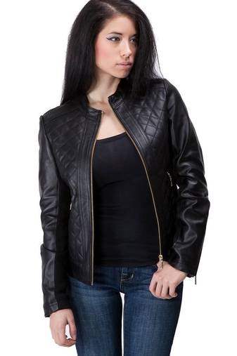 women's black lambskin leather biker jacket quilted shoulder detailing