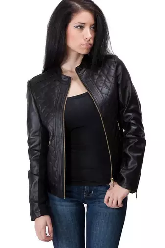 women's black lambskin leather biker jacket quilted shoulder detailing