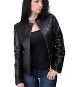 Women’s black lambskin leather jacket quilted shoulder biker jacket
