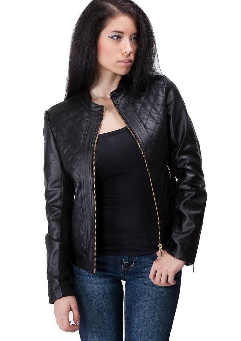 Women’s black lambskin leather jacket quilted shoulder biker jacket