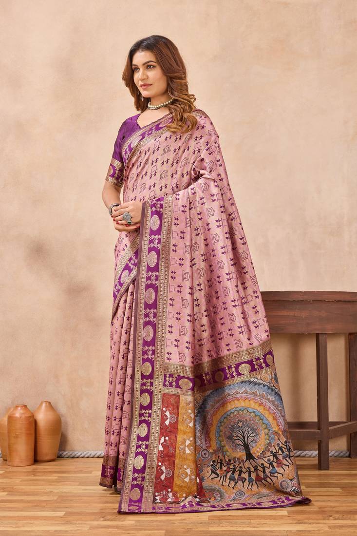Light pink silk blend banarasi saree with unstitched blouse piece