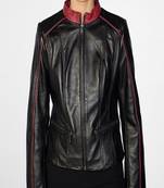 Women’s black lambskin leather jacket- zipper detail red collar plain jacket