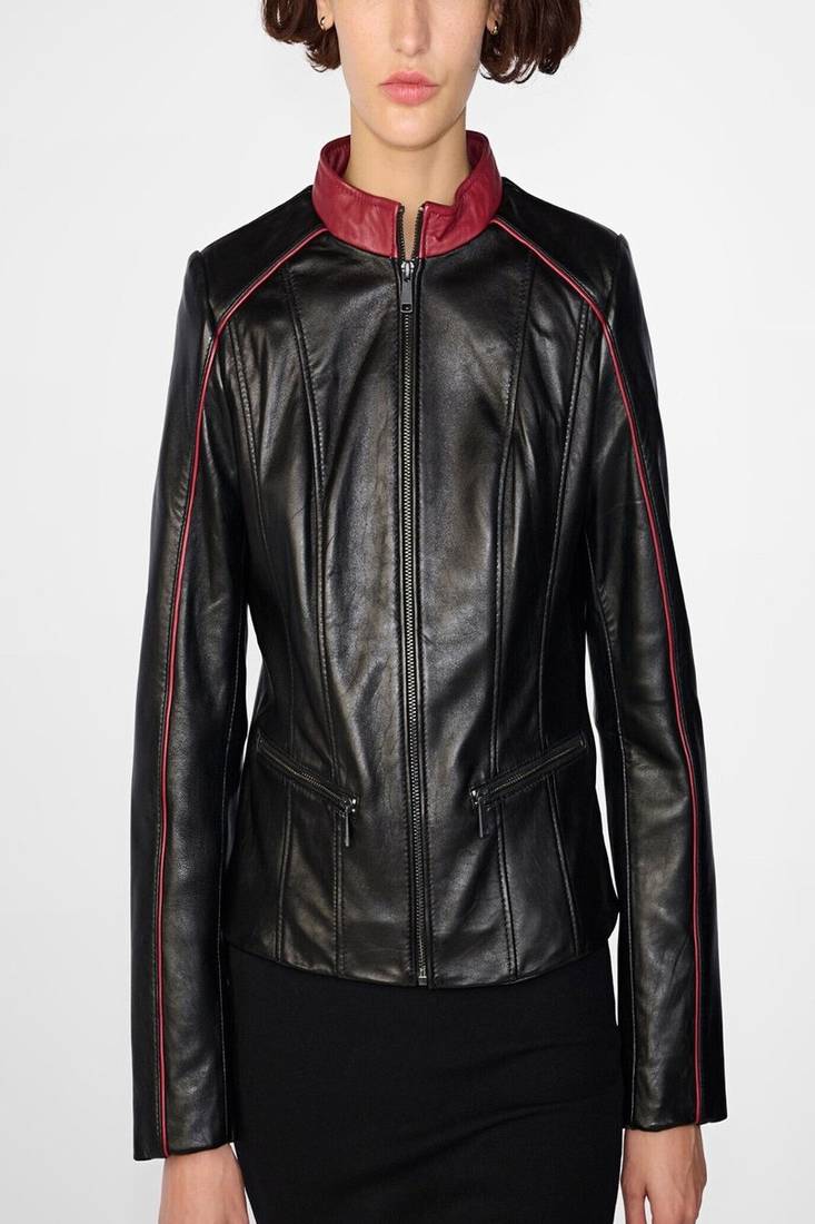 Women’s black lambskin leather jacket- zipper detail red collar plain jacket