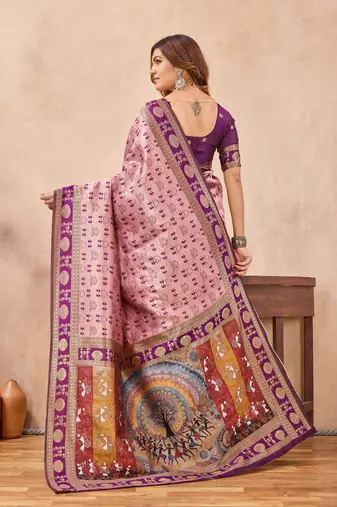 Light pink silk blend banarasi saree with unstitched blouse piece