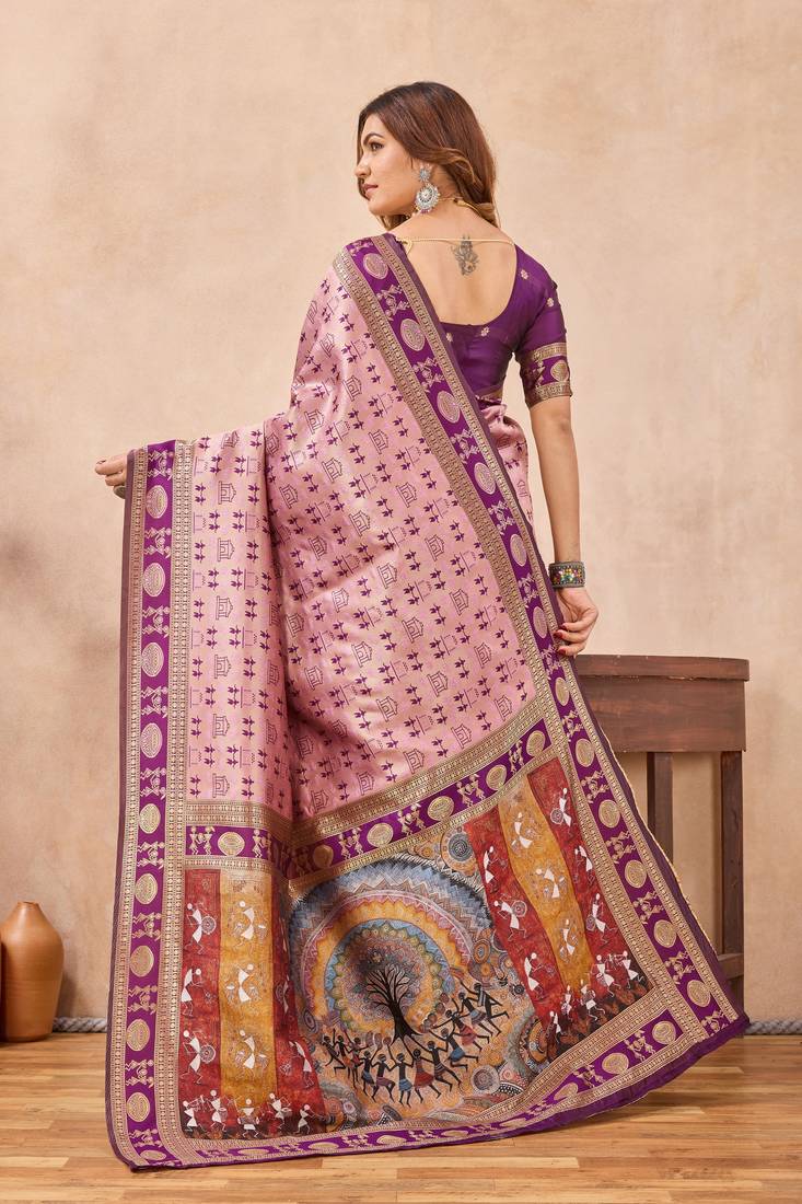 Light pink silk blend banarasi saree with unstitched blouse piece