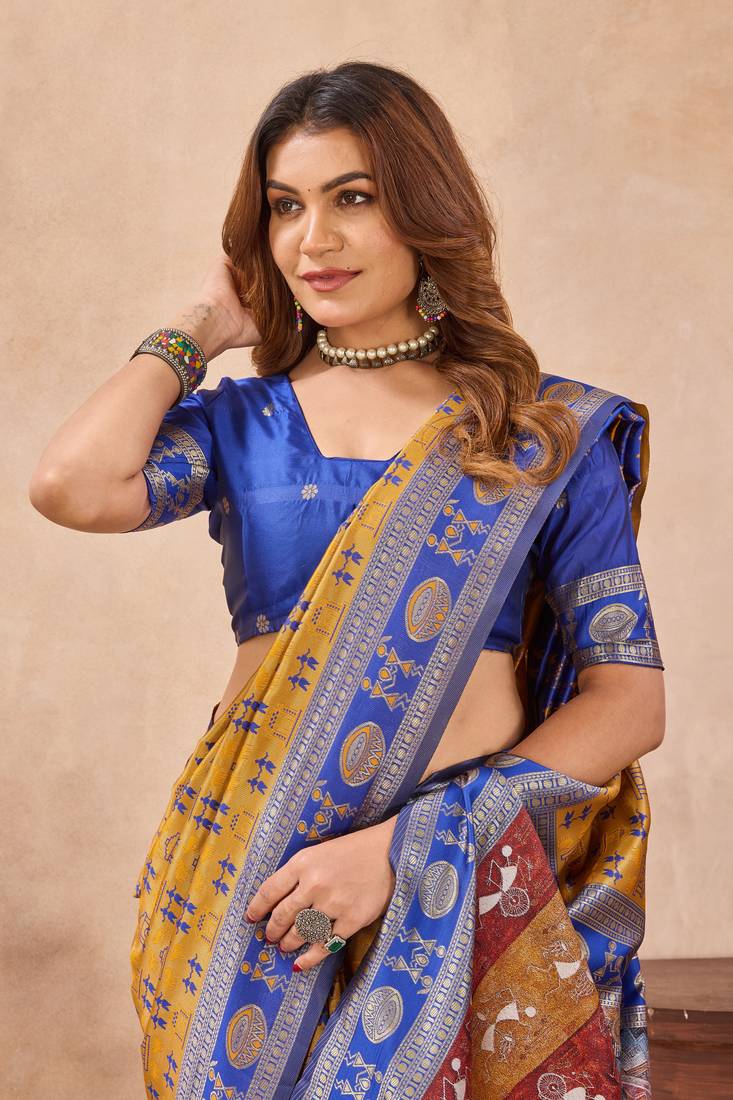 Mustard blue soft silk blend banarasi jacuard work designer party wear saree with unstitched blouse piece