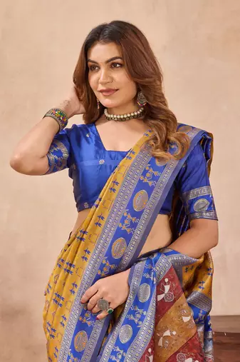 Mustard blue silk blend banarasi saree with unstitched blouse piece