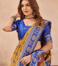 Mustard blue silk blend banarasi saree with unstitched blouse piece