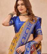 Mustard blue silk blend banarasi saree with unstitched blouse piece