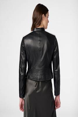 women's black lambskin cafe racer jacket band collar racer style modern 2