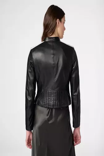 women's black lambskin cafe racer jacket band collar racer style modern