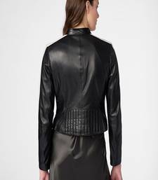 Women’s stylish look  black lambskin leather jacket- zipper detail café racer