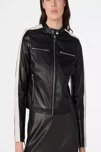 women's black lambskin cafe racer jacket band collar racer style modern