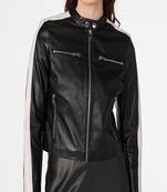 Women’s stylish look  black lambskin leather jacket- zipper detail café racer