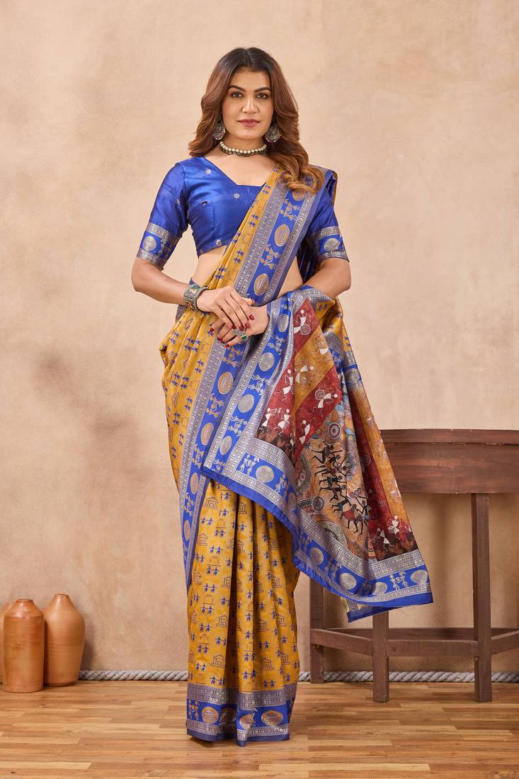 Mustard blue silk blend banarasi saree with unstitched blouse piece