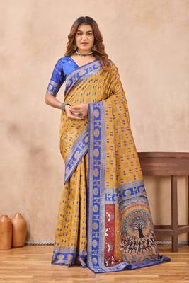 Mustard blue silk blend banarasi saree with unstitched blouse piece 3