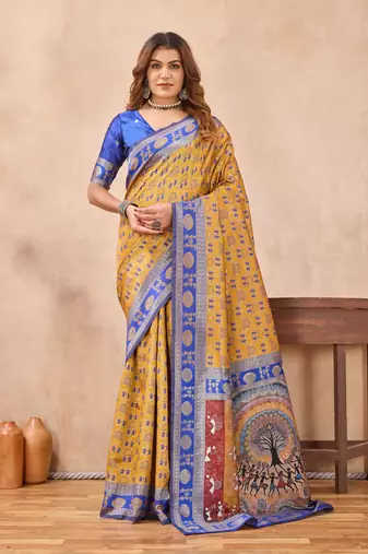Mustard blue silk blend banarasi saree with unstitched blouse piece