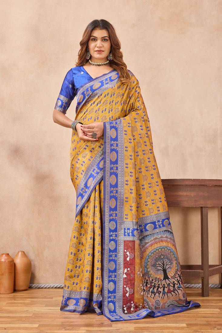 Mustard blue silk blend banarasi saree with unstitched blouse piece