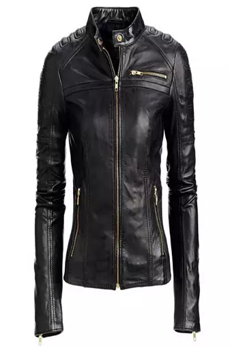 women's black lambskin leather biker jacket adjustable belted waist exclusive