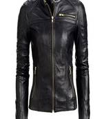 Women’s soft  black lambskin leather jacket- zipper detail & waist belt biker stylish look