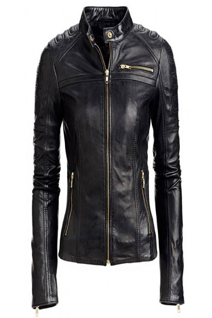 Women’s soft  black lambskin leather jacket- zipper detail & waist belt biker stylish look