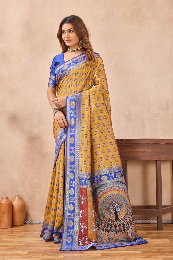 Mustard blue silk blend banarasi saree with unstitched blouse piece