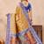 Mustard blue soft silk blend banarasi jacuard work designer party wear saree with unstitched blouse piece