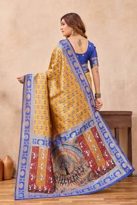 Mustard blue silk blend banarasi saree with unstitched blouse piece 5
